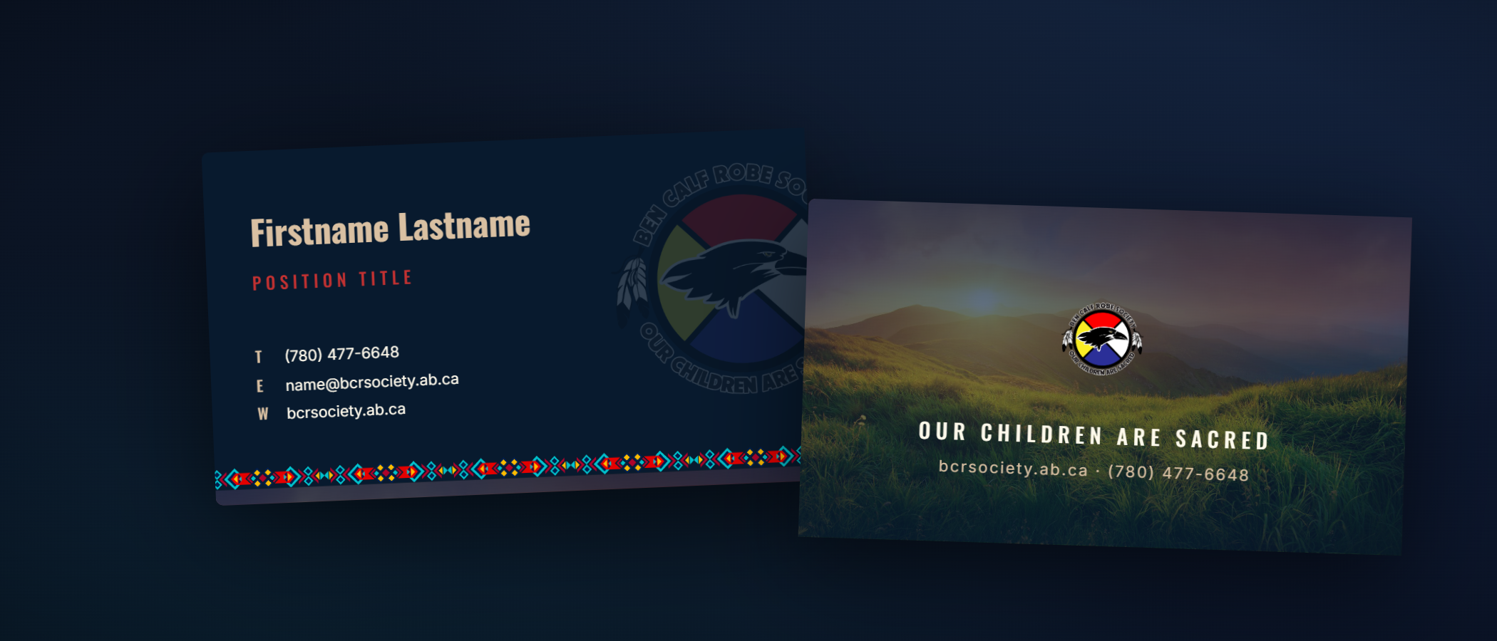 Both faces of the Ben Calf Robe Society business card: navy front with beadwork strip and contact details, photographic back with the motto Our Children Are Sacred