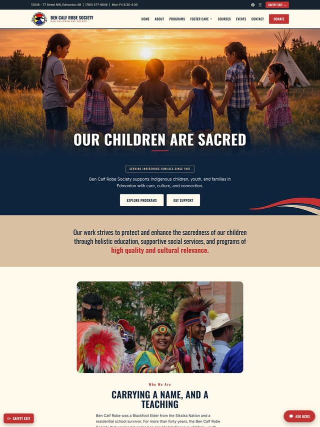 The Ben Calf Robe Society website: a beadwork strip over a photograph of children at a powwow