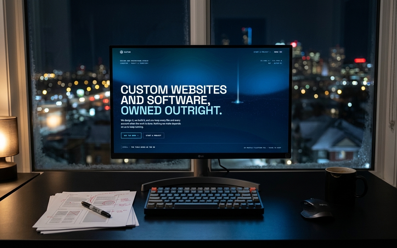 The workbench: a dark desk with printed layouts, a keyboard and a monitor showing a grid of survey points